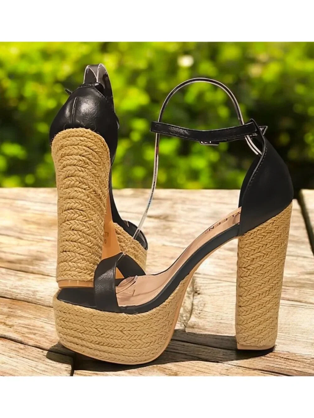 Black Platform High Heel Sandals With Woven Straw Sole & Ankle Strap Heel Chic